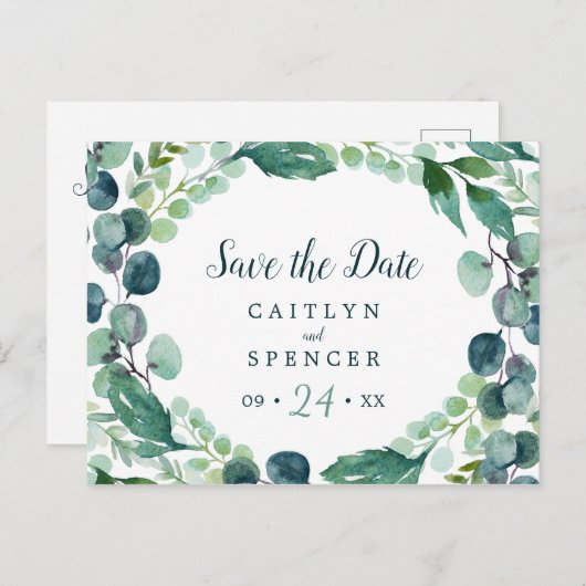 Lush Greenery & Eucalyptus Save the Date Briefkaar Uitnodiging Briefkaart (Voorkant / Achterkant)