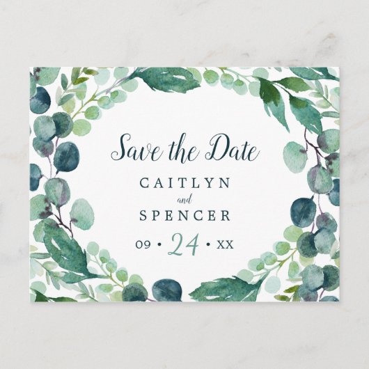 Lush Greenery & Eucalyptus Save the Date Briefkaar Uitnodiging Briefkaart (Voorkant)