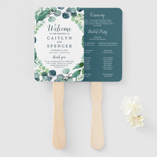 Lush Greenery & Eucalyptus Wedding Program Fan Handwaaier (Voorkant en achterkant)