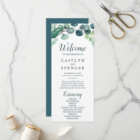 Lush Greenery & Eucalyptus Wedding Programme Programmakaart (Voorkant / Achterkant in situ)