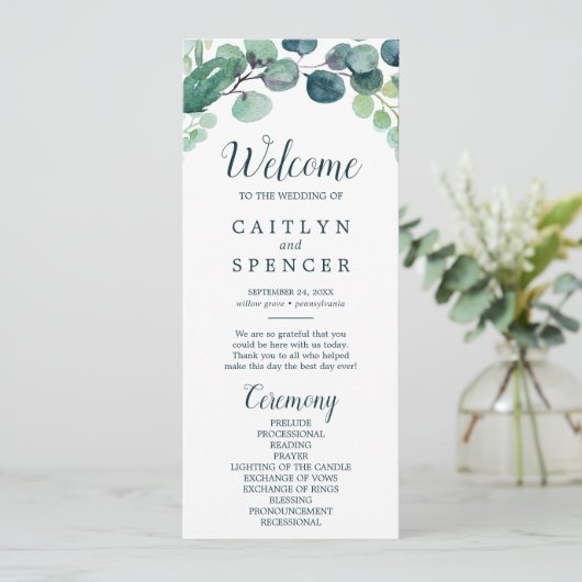 Lush Greenery & Eucalyptus Wedding Programme Programmakaart (Staand voorkant)