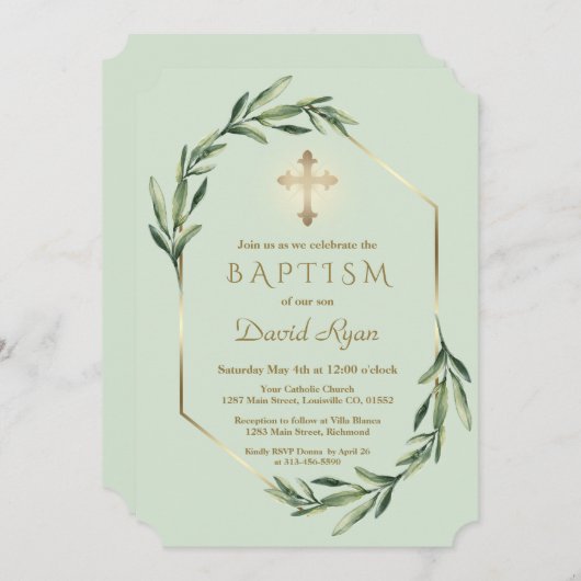 Lush Greenery Gold Cross Boy Baptisme Kaart (Voorkant / Achterkant)