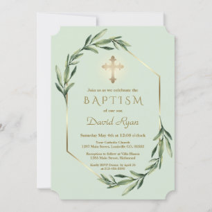 Lush Greenery Gold Cross Boy Baptisme Kaart