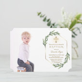 Lush Greenery Gold Cross Boy Foto Baptisme Kaart (Staand voorkant)