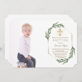 Lush Greenery Gold Cross Boy Foto Baptisme Kaart (Voorkant / Achterkant)