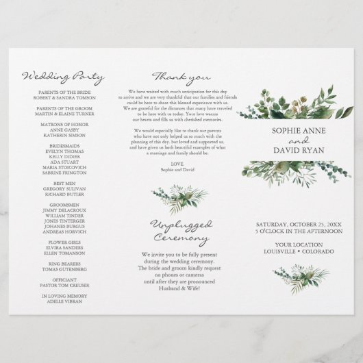Lush Greenery Lijst Tri+Fold Wedding Programme Flyer (Voorkant)