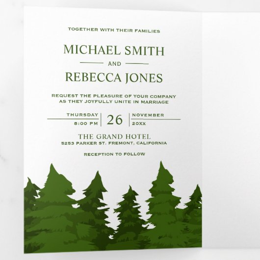 Lush Greenery Pine Trees Foto Forest Wedding Drieluik Uitnodiging (Binnenzijde eerst)