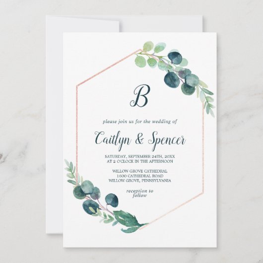 Lush Greenery Roos Gold Geometric Monogram Weddens Kaart (Voorkant)