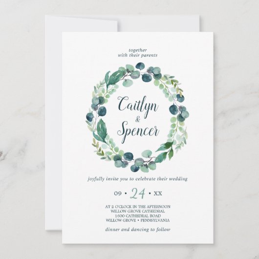 Lush Greenery Wreath Casual Wedding Kaart (Voorkant)