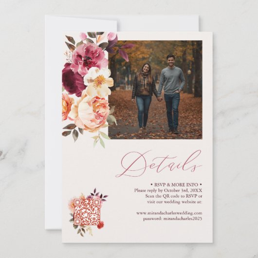 Lush Herfst Bloemen Huwelijksuitnodiging met QR-co Kaart (Achterkant)