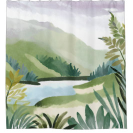 Lush Hillside | Green Watercolor Nature Painting Douchegordijn