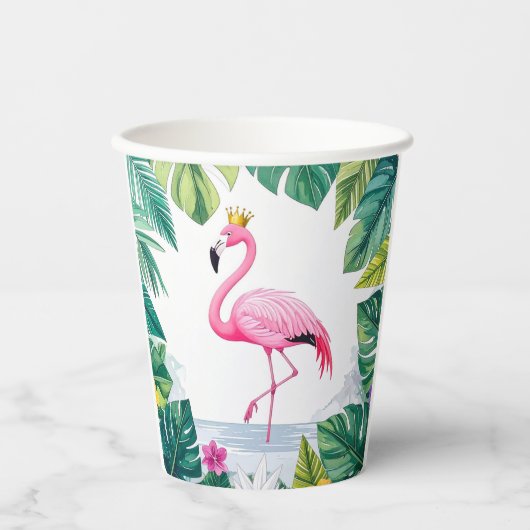 Lush Leafy | Elegante roze flamingo kroon tropisch Papieren Bekers (Voorkant)