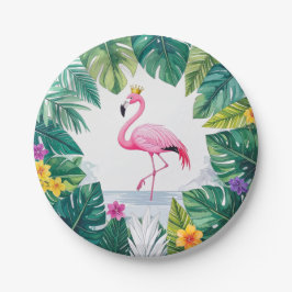 Lush Leafy | Elegante roze flamingo kroon tropisch Papieren Bordje