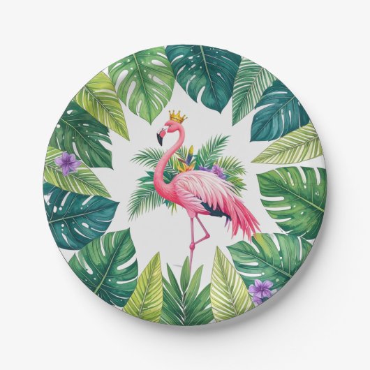Lush Leafy | Elegante roze flamingo kroon tropisch Papieren Bordje (Voorkant)