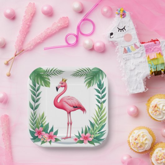 Lush Leafy | Elegante roze flamingo kroon tropisch Papieren Bordje (Feest)