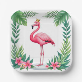 Lush Leafy | Elegante roze flamingo kroon tropisch Papieren Bordje