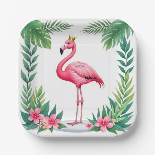 Lush Leafy | Elegante roze flamingo kroon tropisch Papieren Bordje (Voorkant)