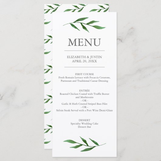 Lush Leaves Elegant Waterverf Wedding Menu (Voorkant / Achterkant)