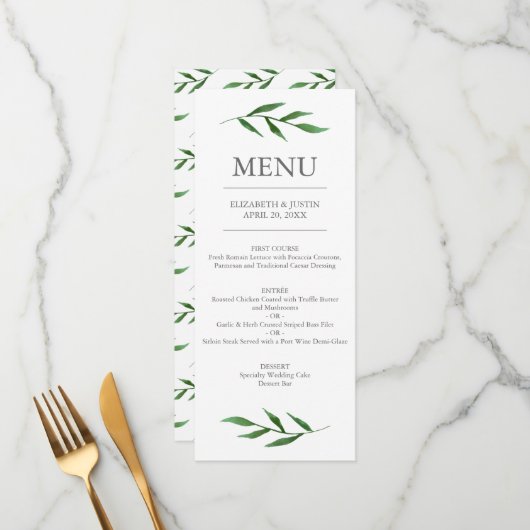 Lush Leaves Elegant Waterverf Wedding Menu (Voorkant / Achterkant in situ)