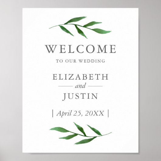 Lush Leaves Elegant Waterverf Wedding Sign Poster (Voorkant)