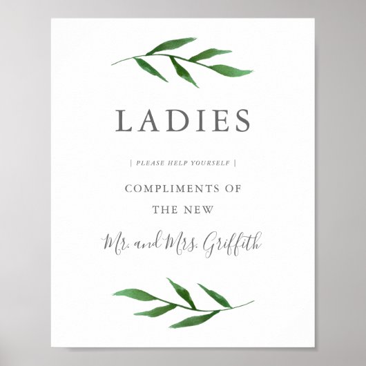 Lush Leaves Elegant Wedding Bathroom Sign - Dames Poster (Voorkant)