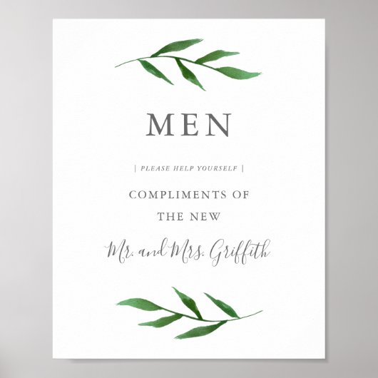 Lush Leaves Elegant Wedding Bathroom Sign - Mannen Poster (Voorkant)