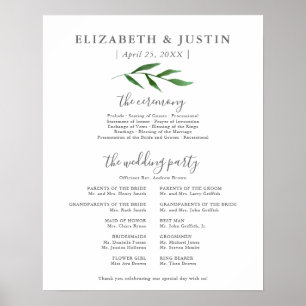 Lush Leaves Elegant Wedding Ceremony Program Sign Poster