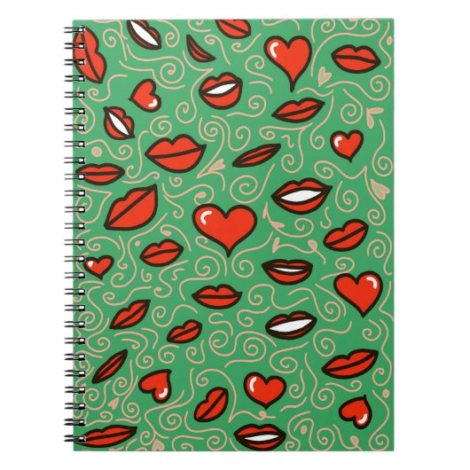 Lush Love: Red Lips & Hearts Pop op groen Notitieboek (Voorkant)