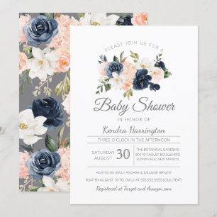 Lush Magnolia Floral Navy Blue Pink Baby shower Kaart