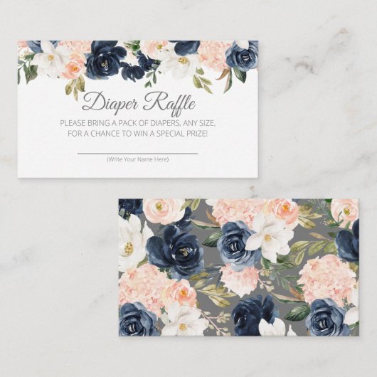 Lush Magnolia Floral Navy Blue Pink Diaper Raffle Informatiekaartje (Voorkant / Achterkant)