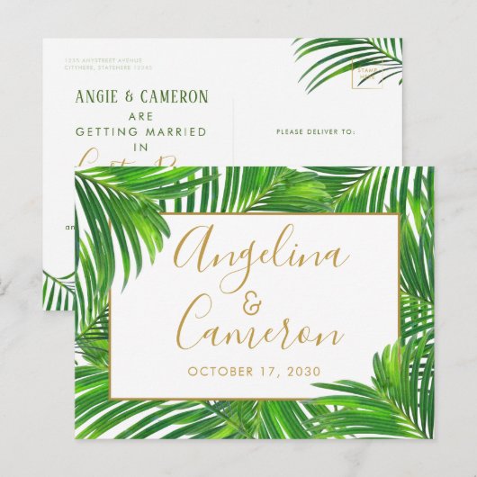 Lush Modern Tropische Palm Leaves Save the Date Briefkaart (Voorkant / Achterkant)