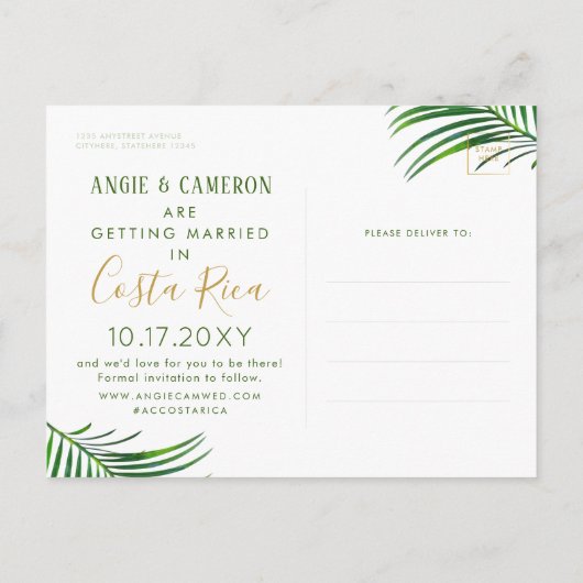 Lush Modern Tropische Palm Leaves Save the Date Briefkaart (Achterkant)