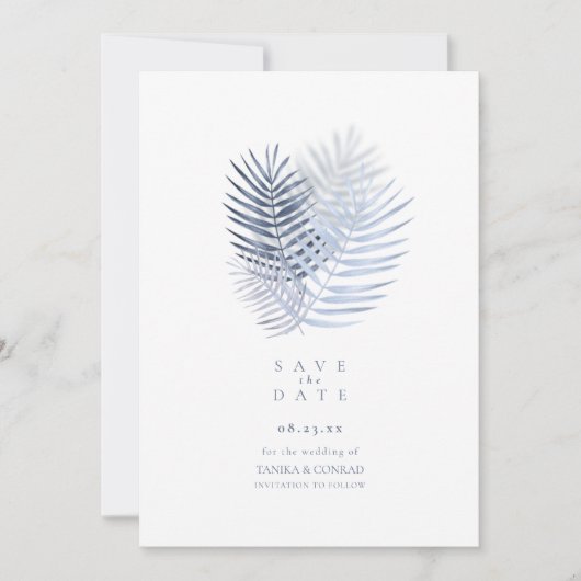 Lush Palm Leaf Wedding Blue ID956 Save The Date (Voorkant)