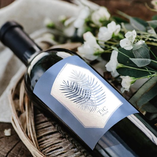 Lush Palm Leaf Wedding Blue ID956 Wijn Etiket