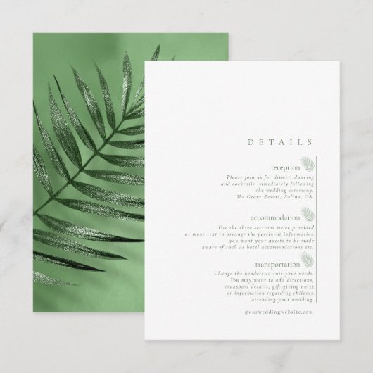 Lush Palm Leaf Wedding Details Moss Green ID956 Informatiekaartje (Voorkant / Achterkant)