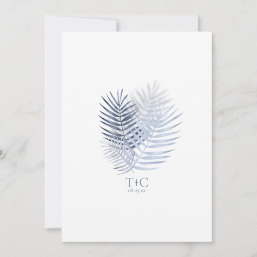 Lush Palm Leaf Wedding Menu Blue ID956 (Achterkant)