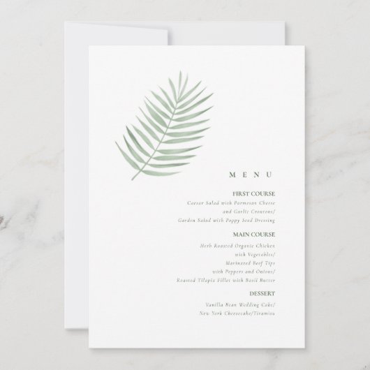 Lush Palm Leaf Wedding Menu Moss Green ID956 (Voorkant)