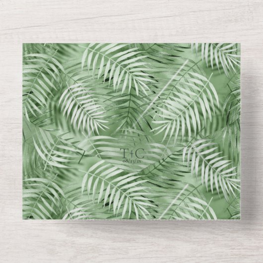 Lush Palm Leaf Wedding Moss Green ID956 All In One Uitnodiging (Achterkant)