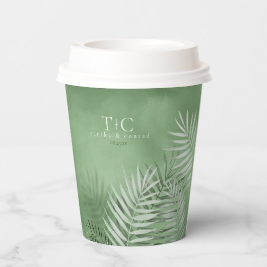 Lush Palm Leaf Wedding Moss Green ID956 Papieren Bekers (Achterkant)
