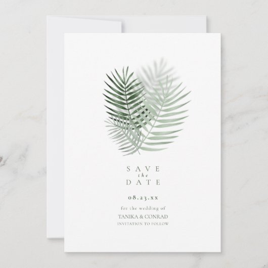 Lush Palm Leaf Wedding Moss Green ID956 Save The Date (Voorkant)