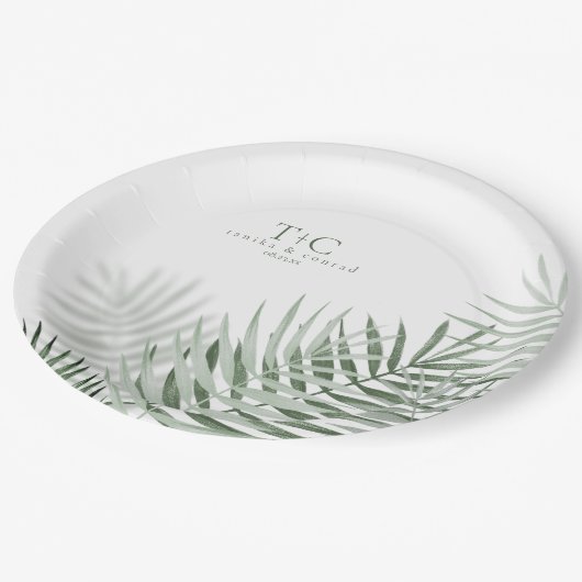 Lush Palm Leaf Wedding Moss Green/Wht ID956 Papieren Bordje (Gekanteld)