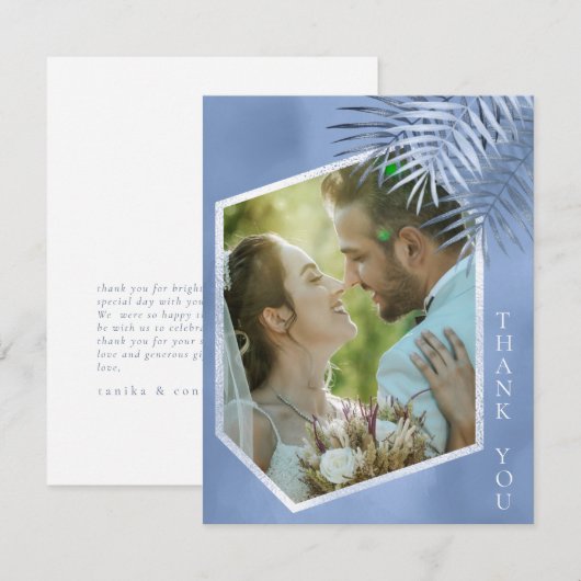 Lush Palm Leaf Wedding Photo Windsor Blue ID956 Bedankkaart (Voorkant / Achterkant)