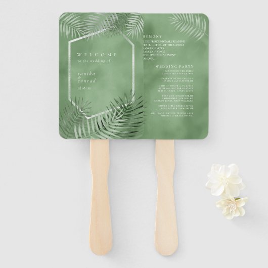 Lush Palm Leaf Wedding Program Moss Green ID956 Handwaaier (Voorkant en achterkant)