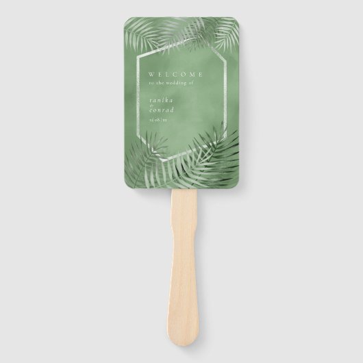 Lush Palm Leaf Wedding Program Moss Green ID956 Handwaaier (Voorkant)