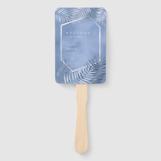 Lush Palm Leaf Wedding Programme Windsor Blue ID95 Handwaaier (Voorkant)
