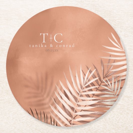 Lush Palm Leaf Wedding Terra Cotta ID956 Ronde Kartonnen Onderzetter (Voorkant)