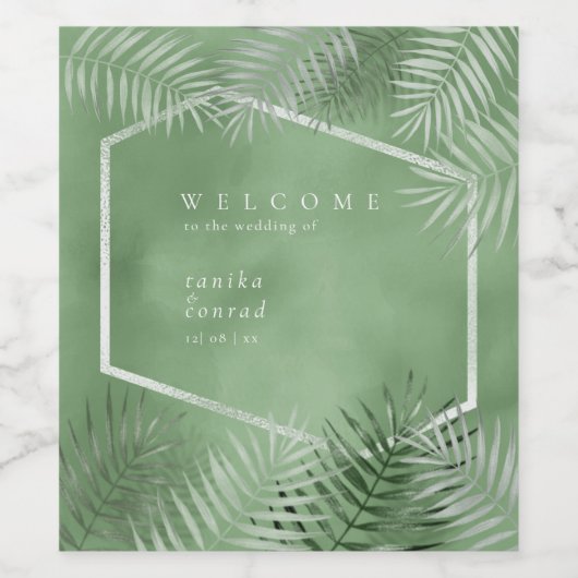 Lush Palm Leaf Wedding Welcome Moss Green ID956 Wijn Etiket (Enkel label)