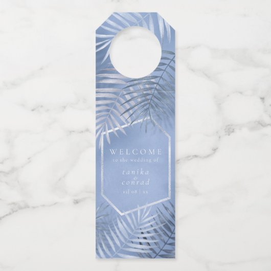 Lush Palm Leaf Wedding Welcome Windsor Blue ID956 Flessenhanger (Voorkant)