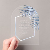 Lush Palm Leaf Wedding Windsor Blue ID956 Acryl Uitnodigingen (Insitu (Draagbaar))