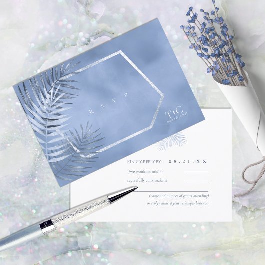 Lush Palm Leaf Wedding Windsor Blue ID956 RSVP Kaartje